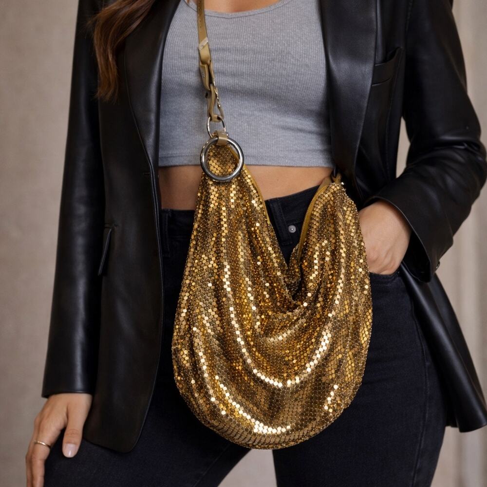 Hananel Gold Metallic Mesh Slouchy Chainmail Y2K Hobo Bag NWT